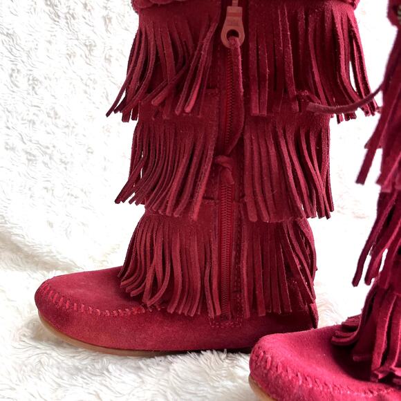 Minnetonka Suede 3-Layer Fringe Girls' Size 12 Toddler Red Zip Up Western - Picture 3 of 16